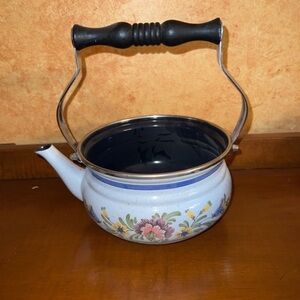 Vintage ASTA Tea Kettle Tea Pot Enamel Ware Floral Pattern 9.5" Made in Germany